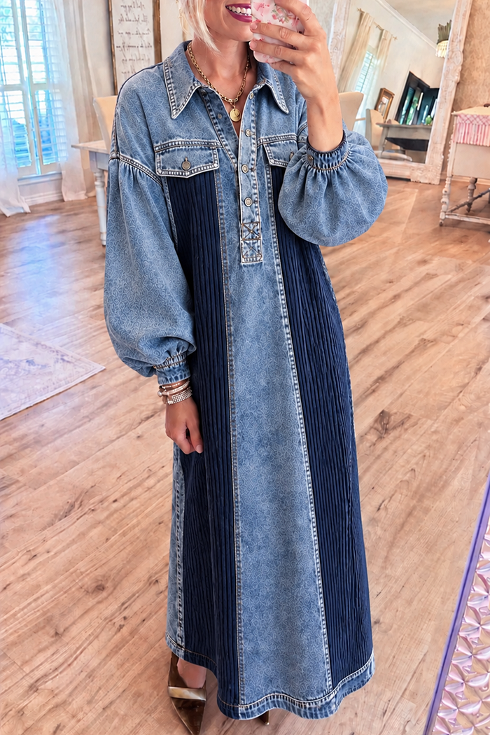 Vertical Panel Denim Rib Pockets Maxi Dress