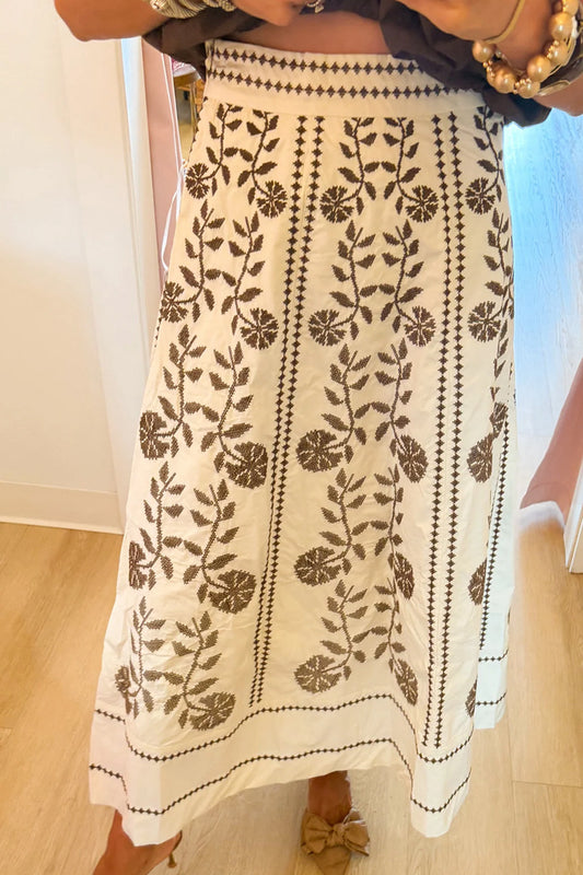 Cream Floral Embroidered Maxi Skirt