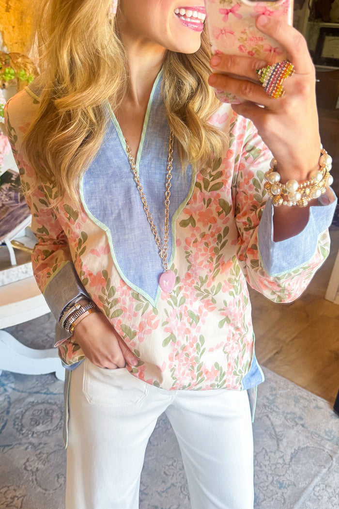 Floral Contrast Trim Split Side Top