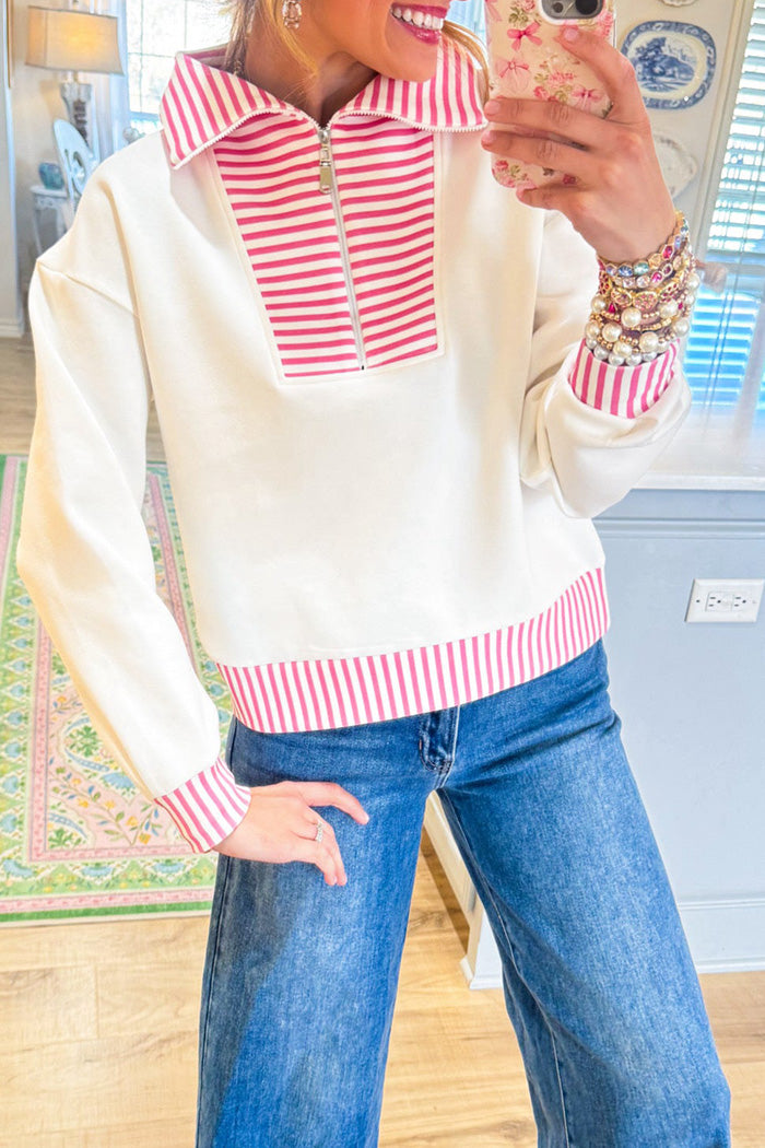Pink Off White Stripe Zip Up Long Sleeve Top