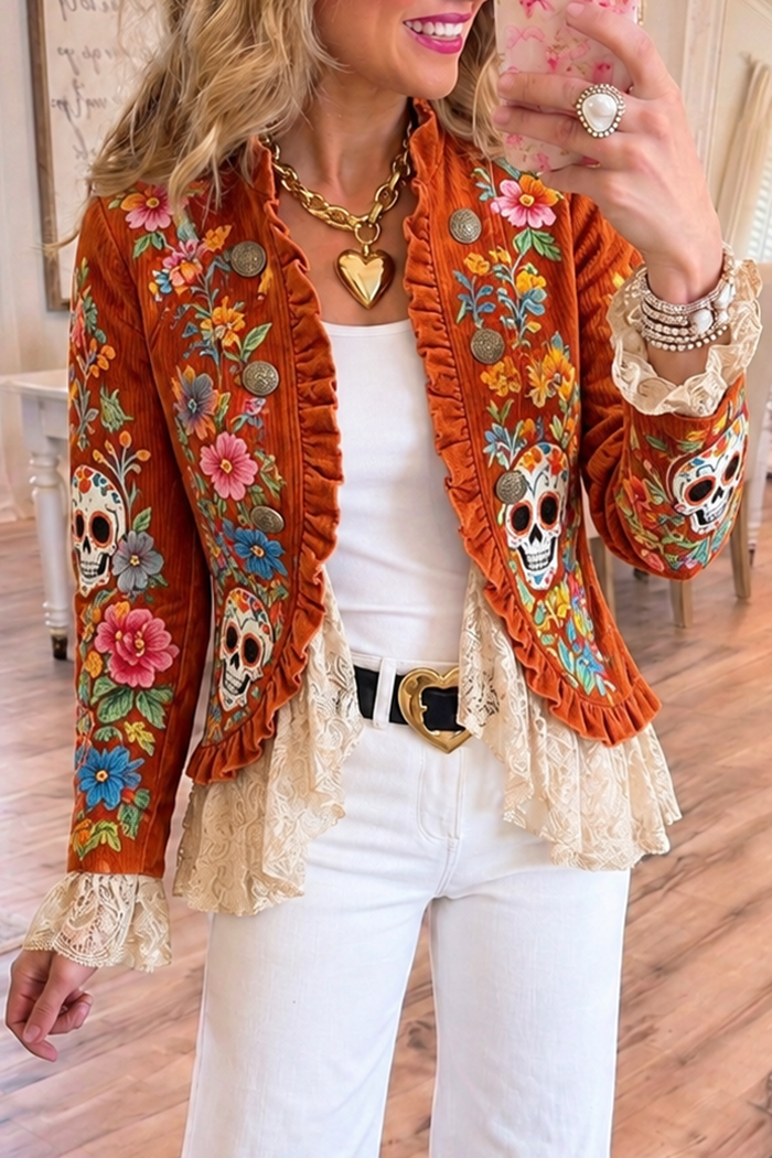 Orange Skull Floral Ruffle Corduroy Jacket