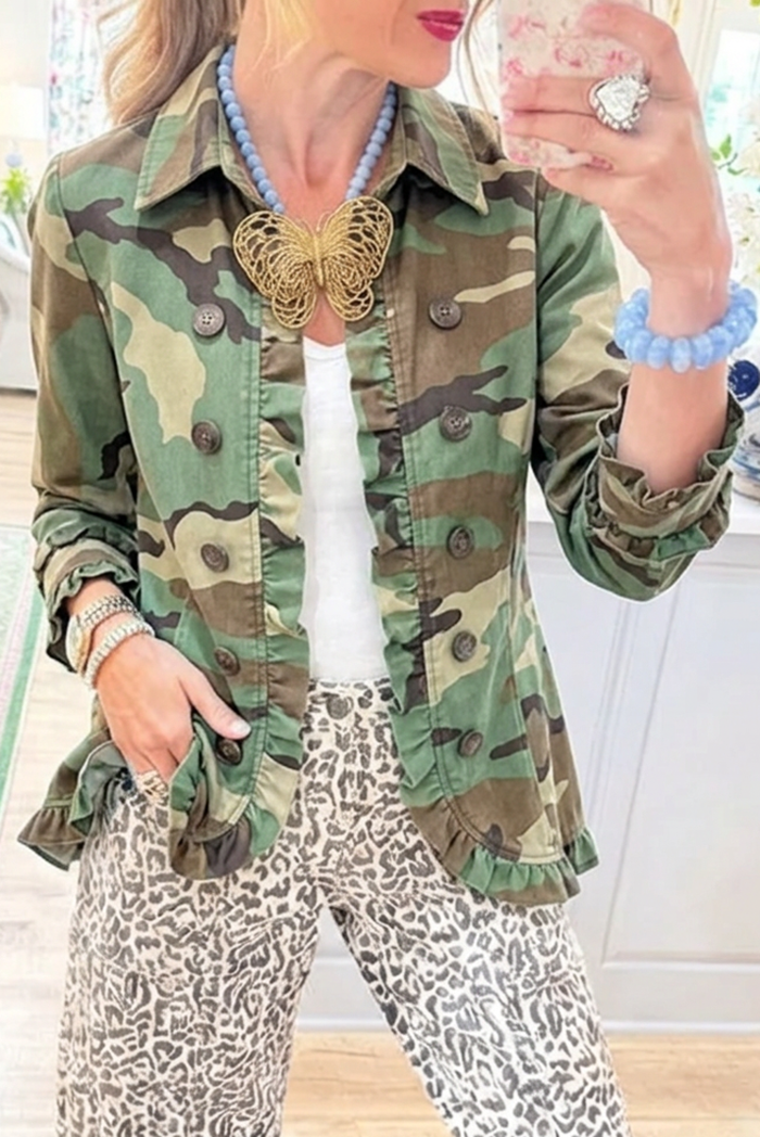 Collared Camo Ruffle Trim Pocket Jacket