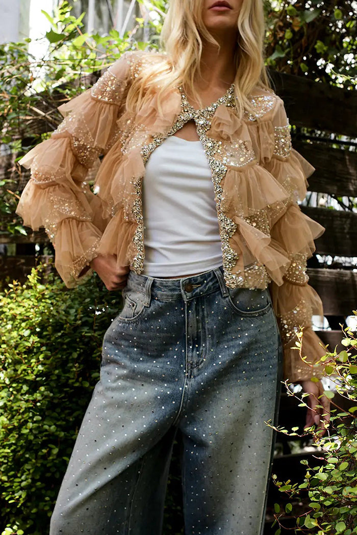 Casual Multi-Embellished Ruffled Frill Sheer Jacket