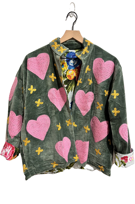 Green Velvet Heart Embroidery Jacket