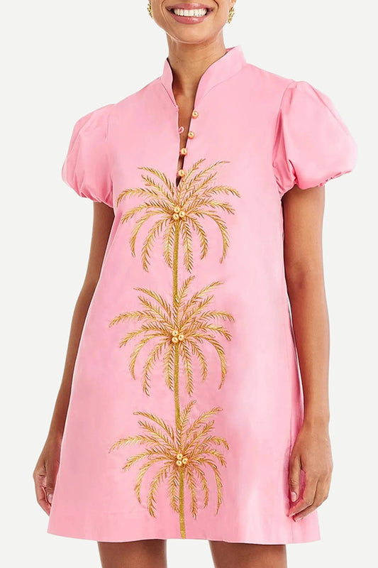 Puff Sleeve Buttoned Gold Palm Dress