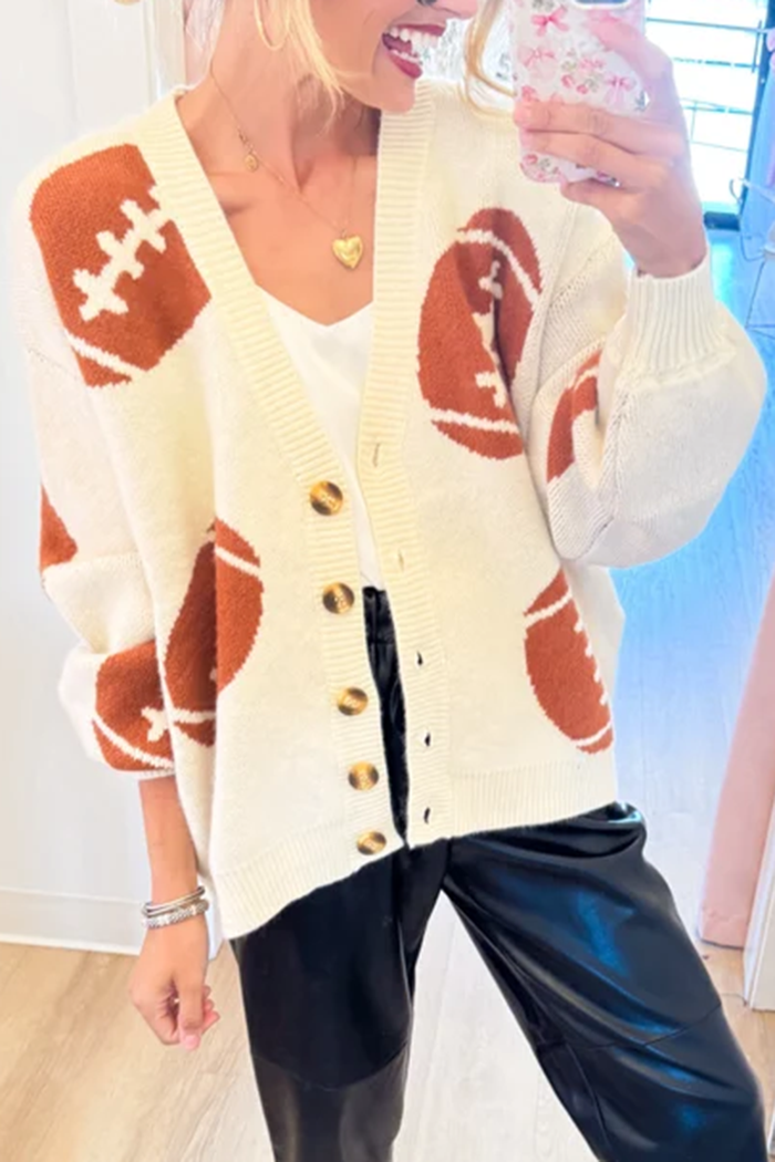 Ivory Football Pattern Knit Cardigan