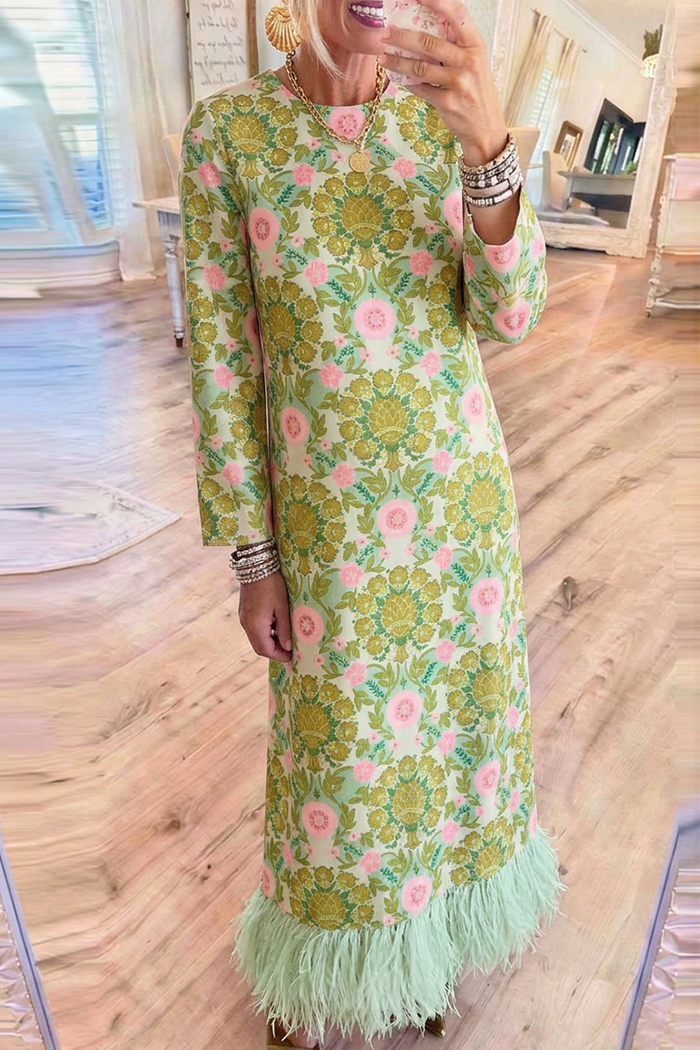 Retro Floral Round Neck Long Sleeve Fringe Hem Maxi Dress
