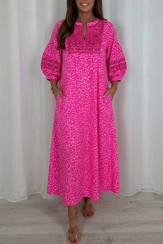 Embroidered Leopard Print Pocket Maxi Dress