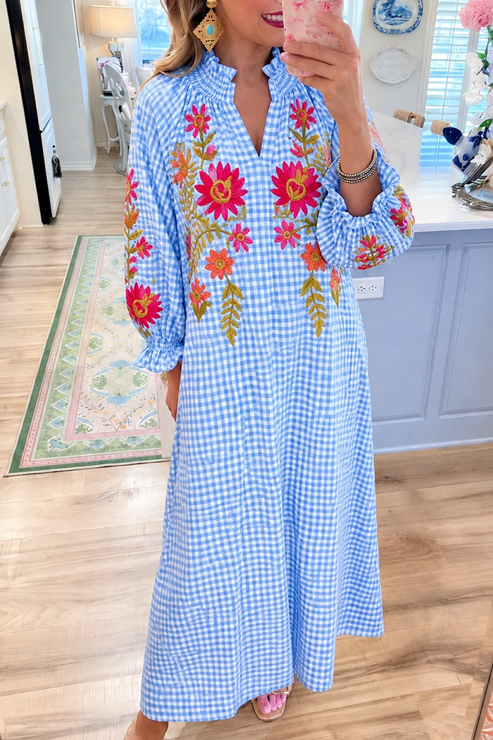 Blue Ruffle Collar Gingham Embroidered Maxi Dress