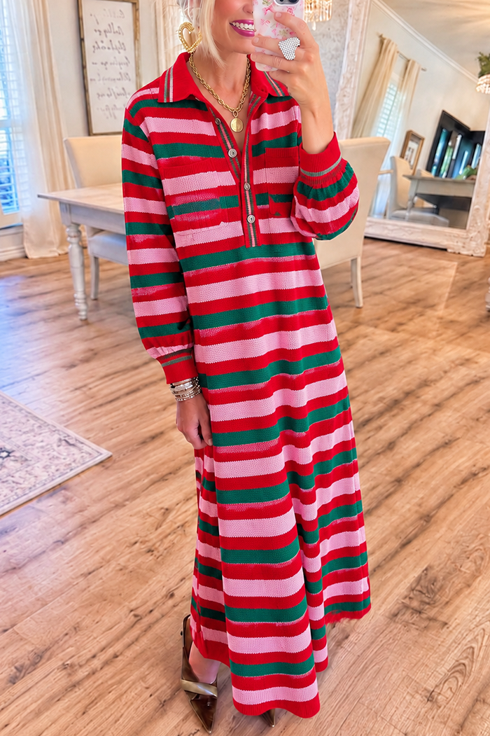 Striped Knit Pocket Polo Maxi Dress