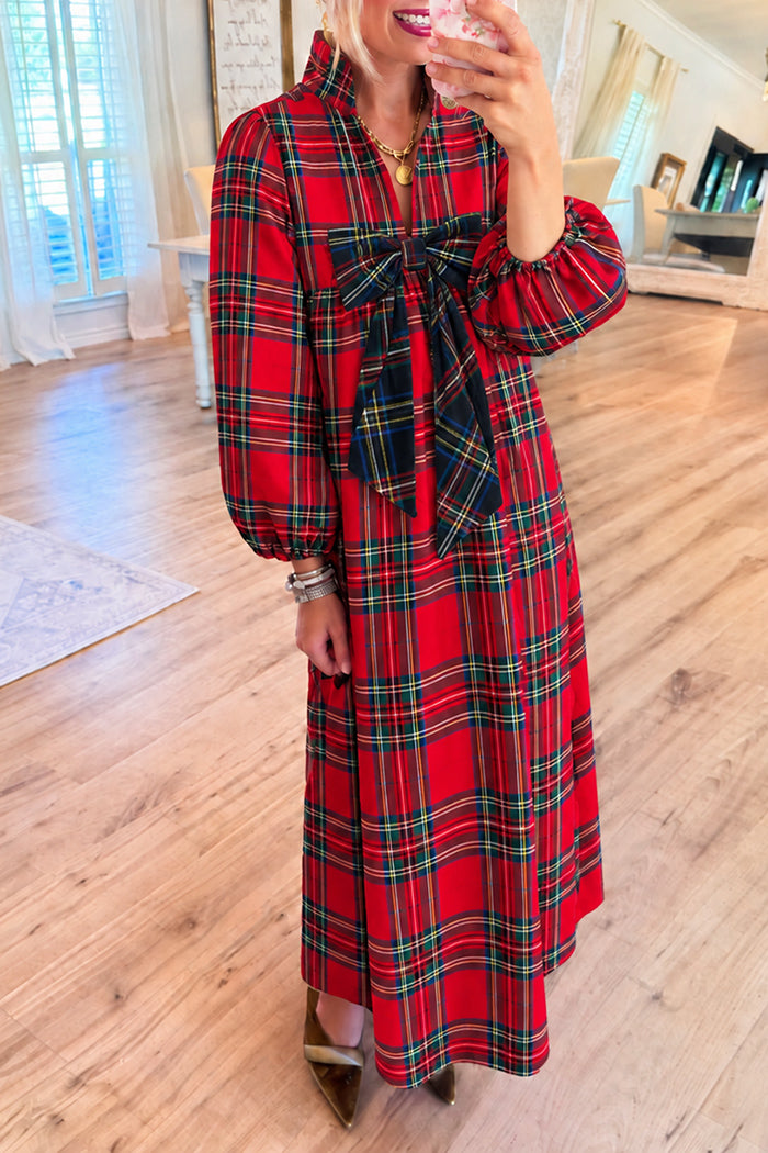 Red Plaid Navy Fabric Bow Maxi Dress