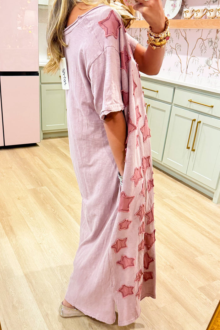 Mauve Star Short Sleeves Pocket Maxi Dress