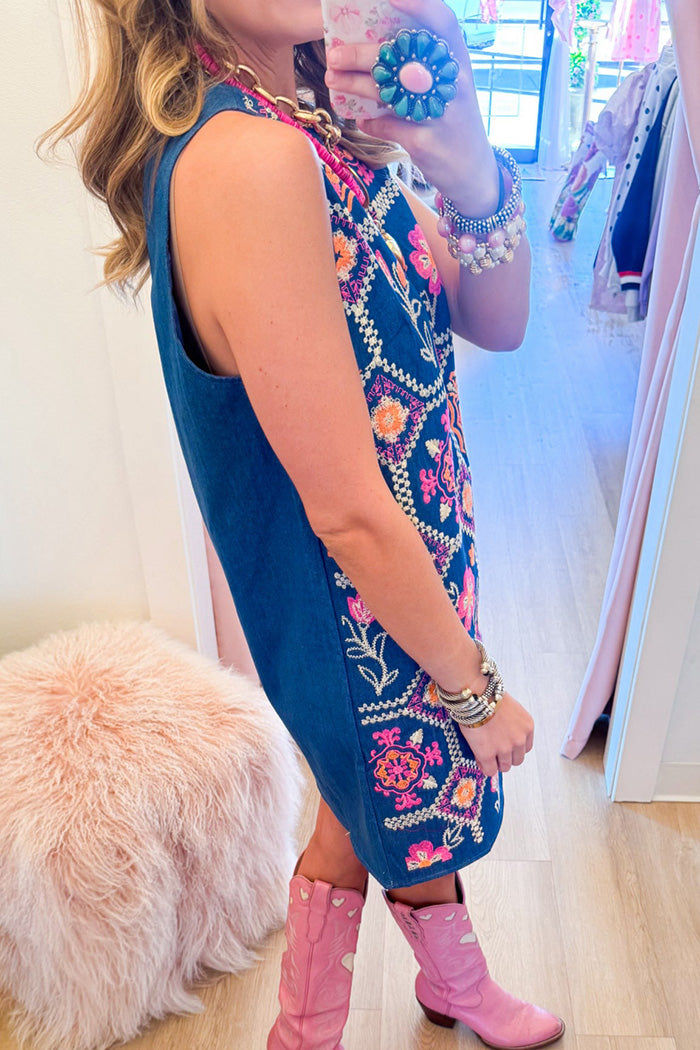 Denim Sleeveless Embroidered Dress
