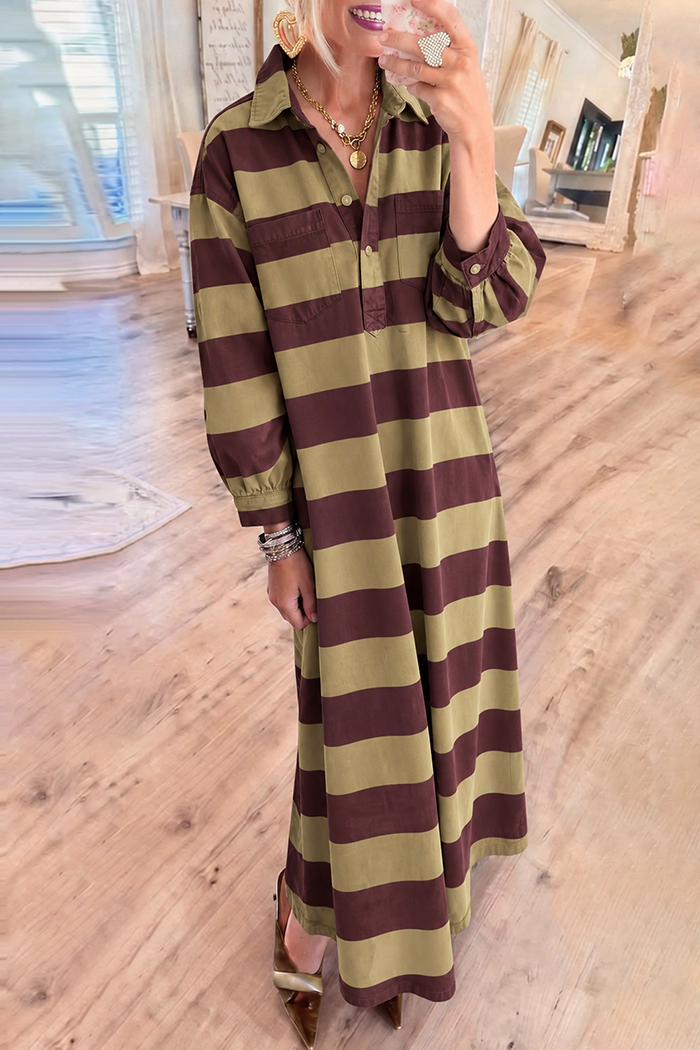 Olive Maroon Stripe Pockets Denim Maxi Dress