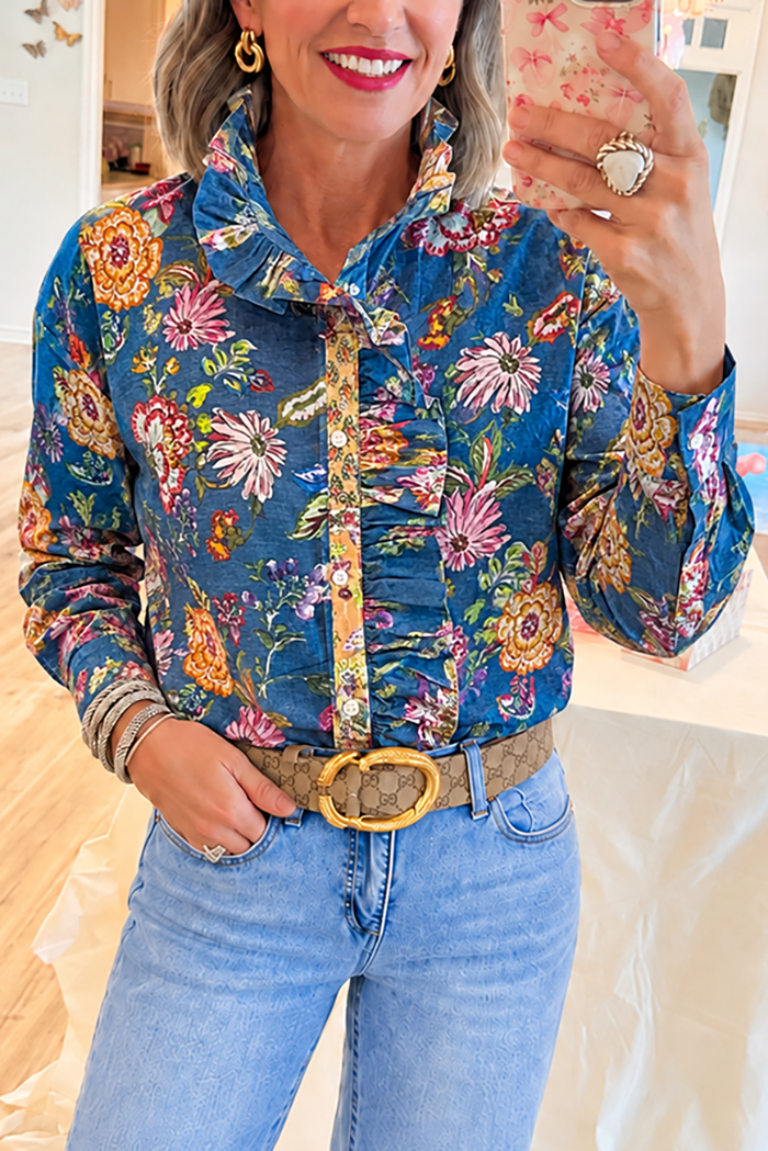 Floral Ruffled Trim Button-Up Top