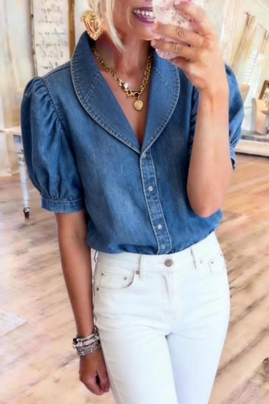 Puff Sleeve Button Front Denim Top