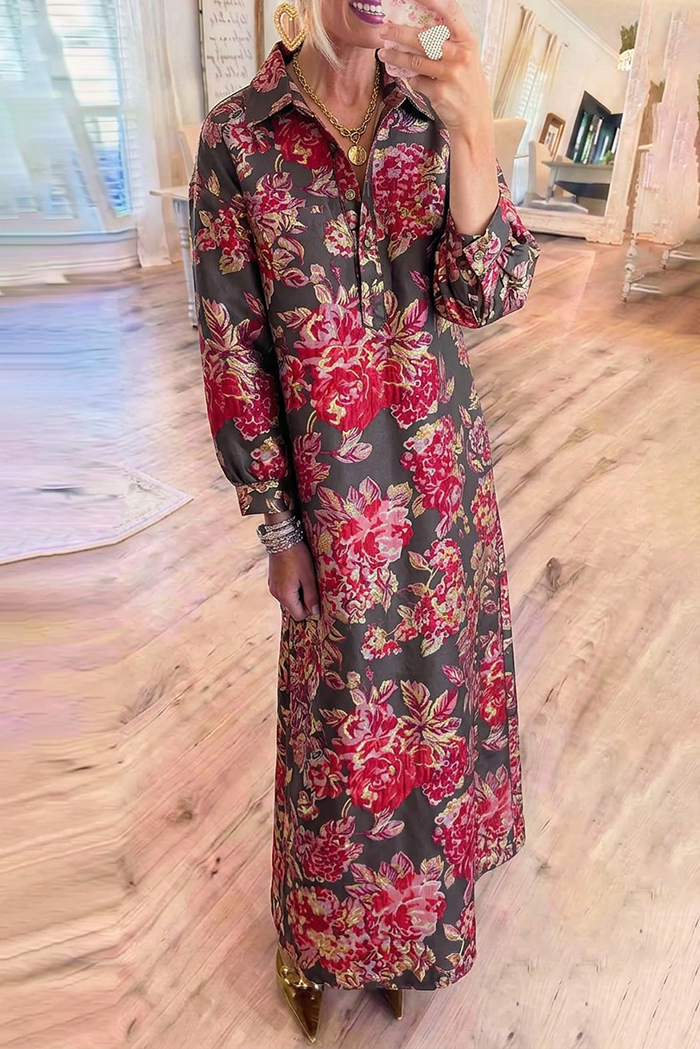 Brown Red Floral Jacquard Long Sleeve Pockets Maxi Dress