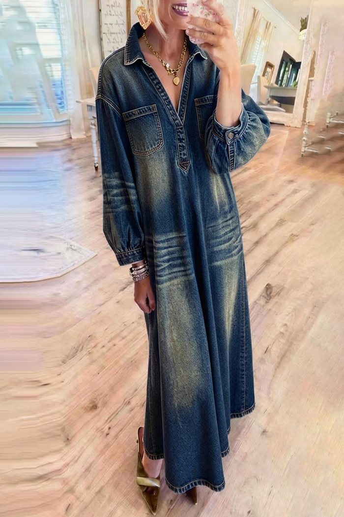 Faded Wash Pockets Denim Maxi Dress