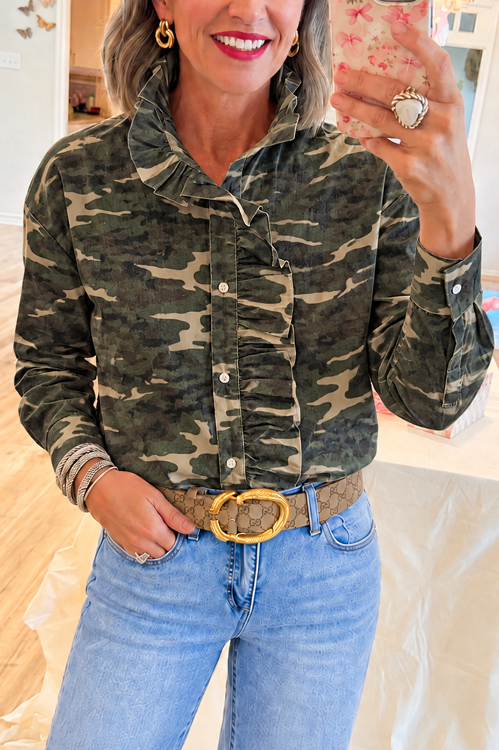 Camo Ruffled Placket Denim Top
