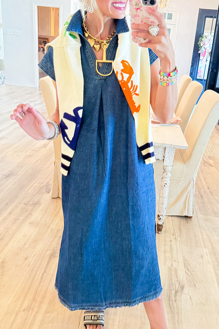Denim Collared Pocket Midi Dress