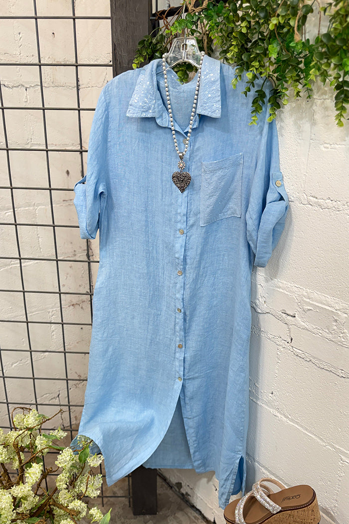 Sequin Pocket Roll Tab Sleeve Shirt Dress