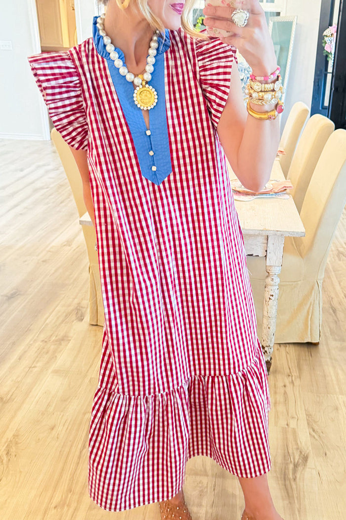 Gingham Flutter Sleeve Pocket Midi Dress