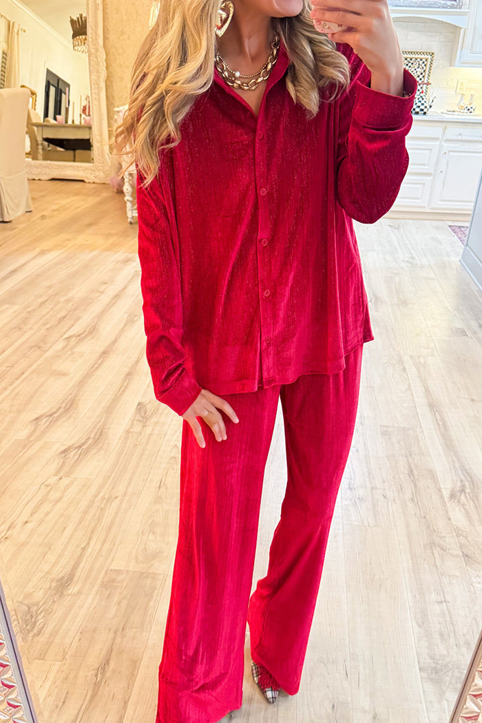 Red Velvet Button Up Pockets Set