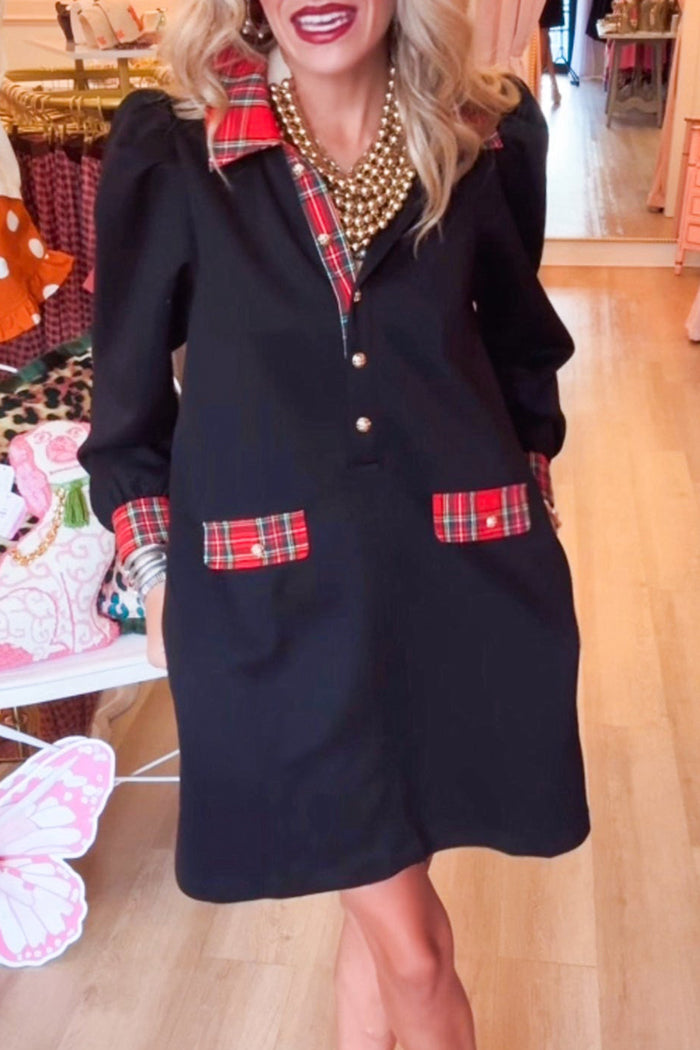 Black Plaid Accent Pocket Shift Dress