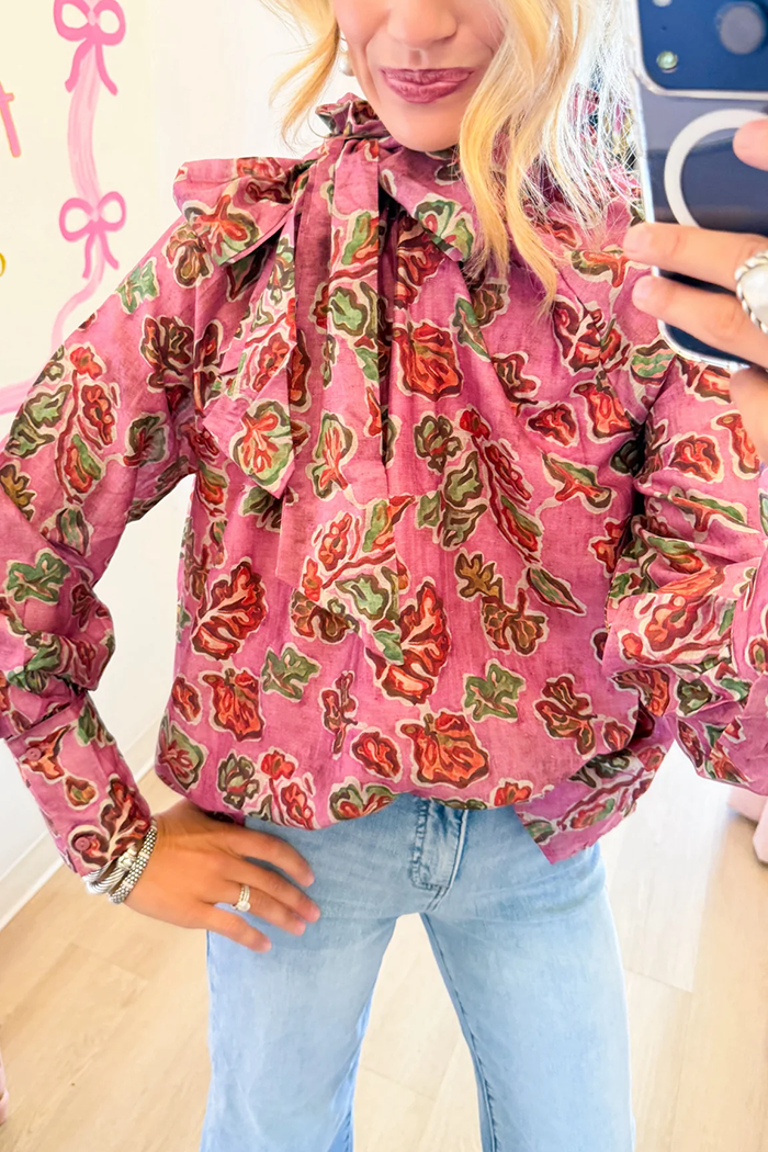 Pink Floral Ruffle Neck Tie Top