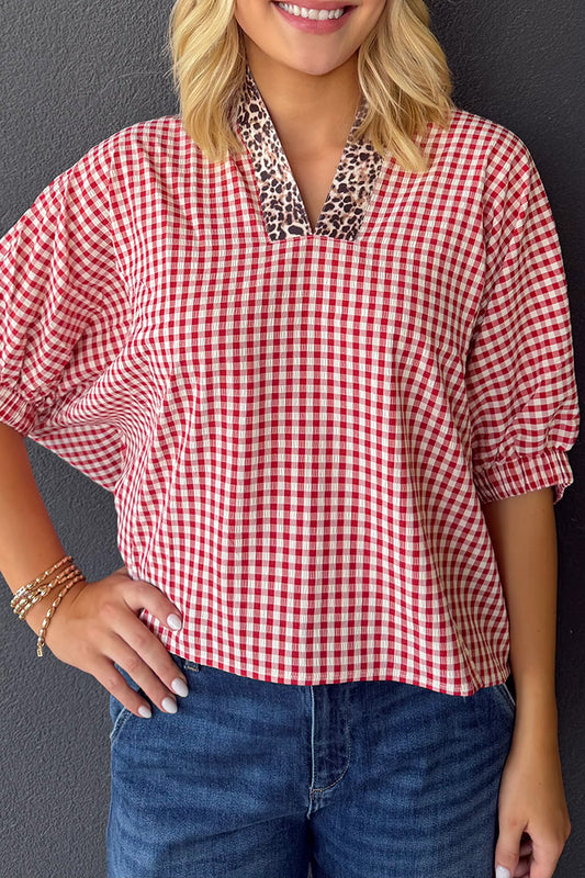 Gingham Leopard Trim Top