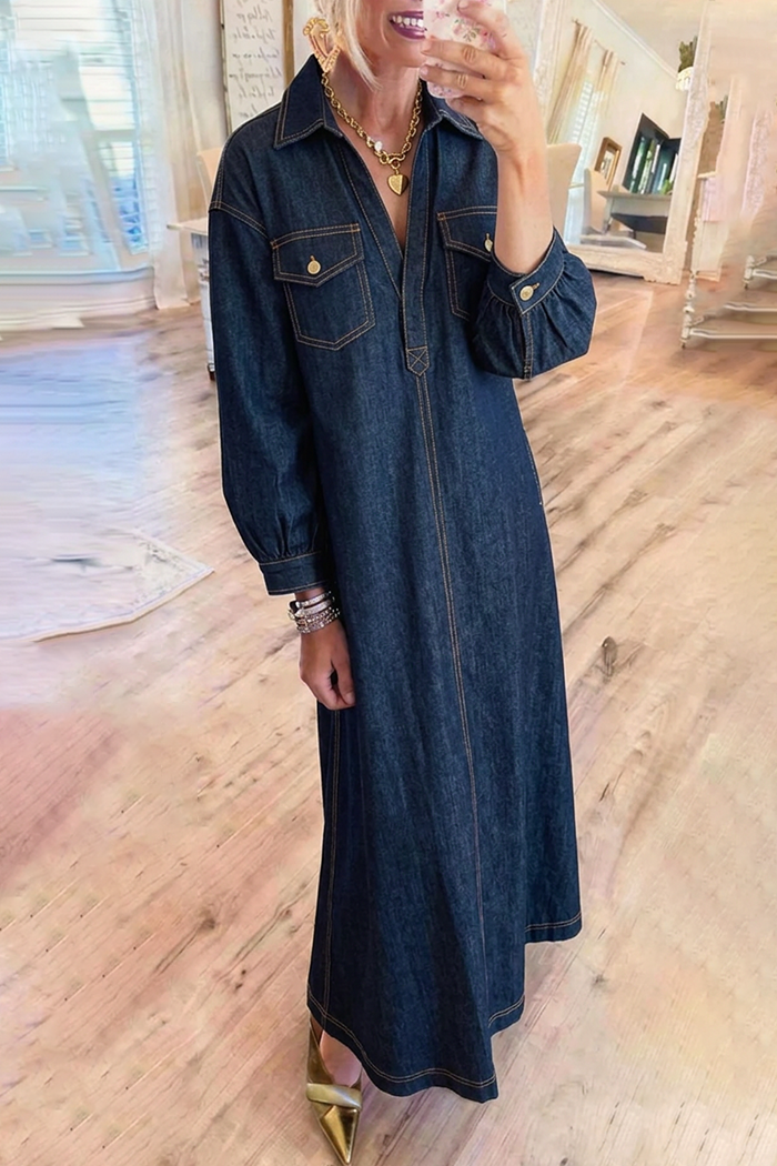 Dark Denim Collared Long Patch Pockets Maxi Dress