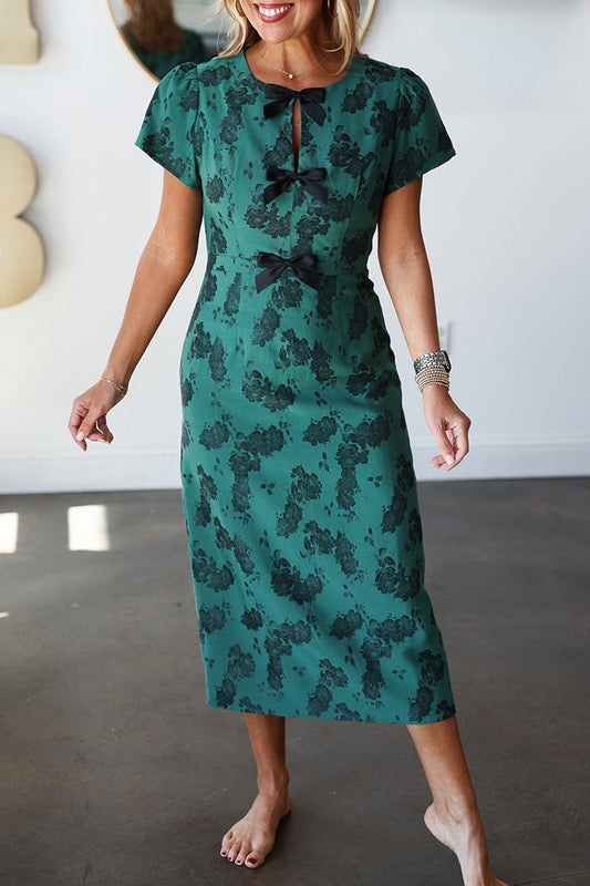 Bow Front Jacquard Fitted Midi Dress