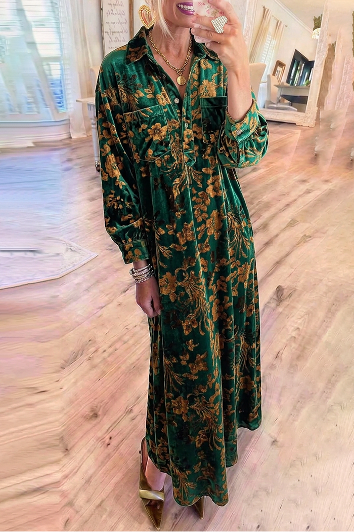 Green Gold Floral Velvet Pockets Maxi Dress