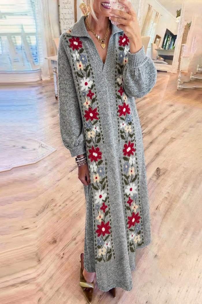 Grey Floral Knit Pockets Maxi Dress