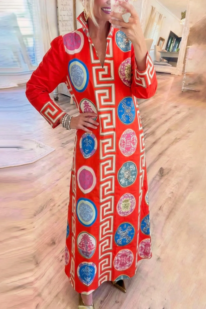 Red Circle Print Geometric Trim Maxi Dress