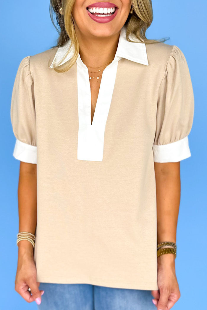 Contrast Collar Lantern Sleeve Top