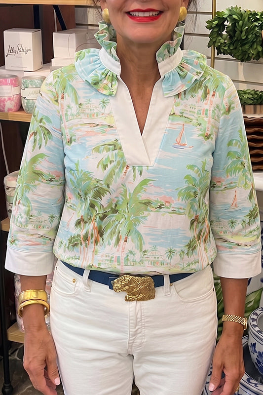 Ruffle Neck Tropical Print Top