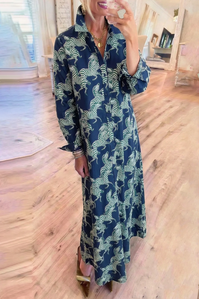 Navy Zebra Print Collared Long Sleeve Maxi Shirt Dress
