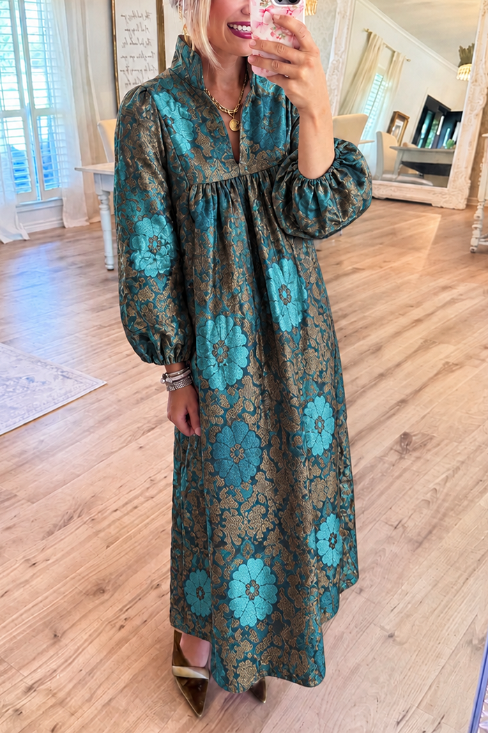 Teal Floral Metallic Jacquard Pocket Maxi Dress
