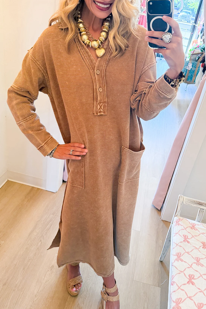 Ribbed Knit Collar Pocket Maxi Dress