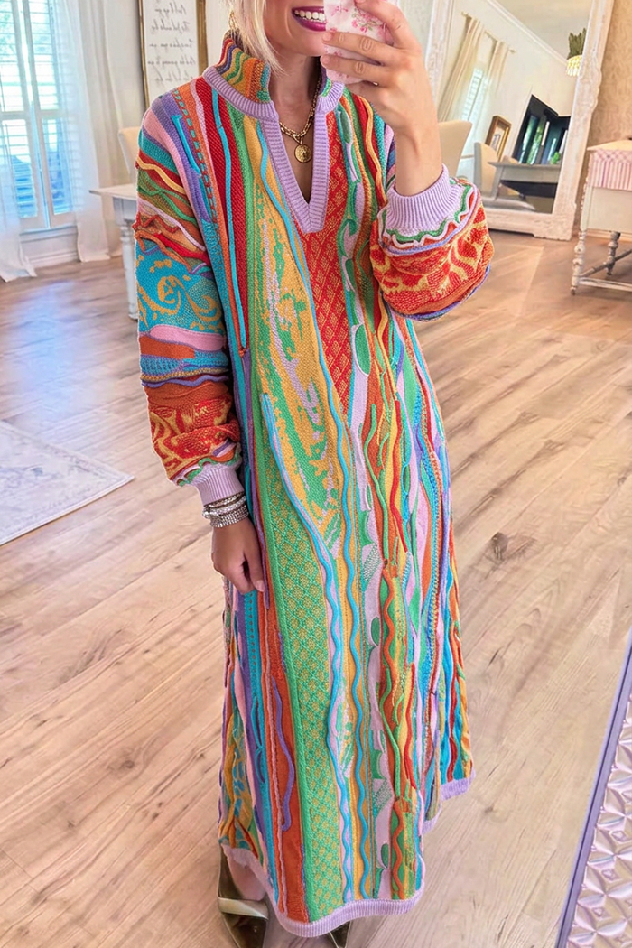 Colorful Abstract Jacquard Knit Stand Collar Maxi Dress