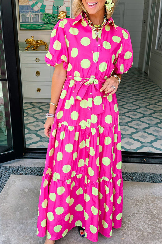 Hot Pink Puff Sleeve Polka Dot Midi Dress