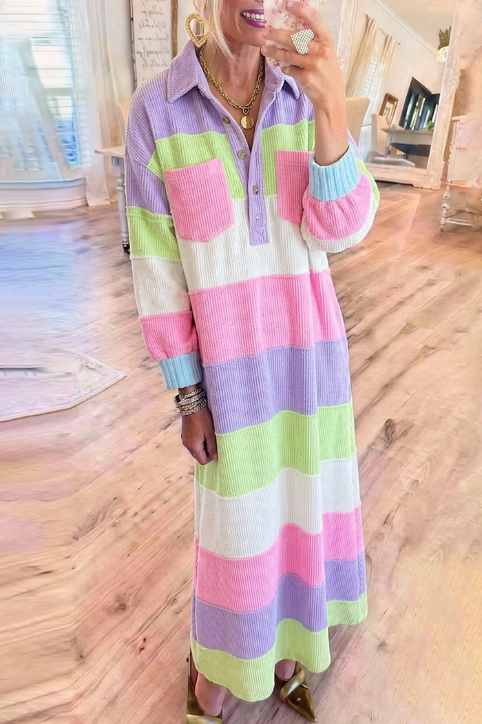 Pastel Color Block Stripe Knit Collared Pockets Long Sleeve Maxi Dress