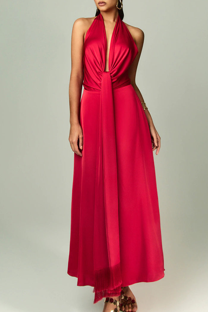 Halter Tie Tassel Hem Evening Dress