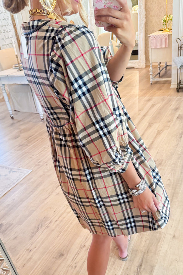 Casual 3/4 Sleeve Plaid Dress