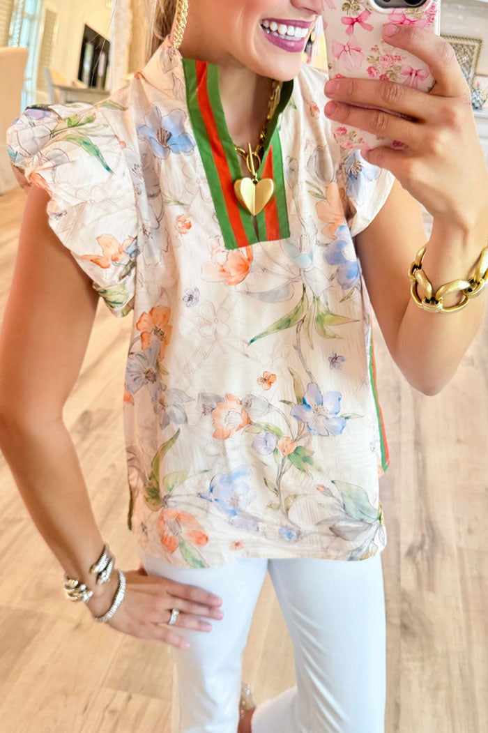 Floral Contrast Trim  Puff Sleeve Top