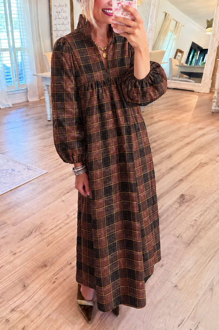 Brown Plaid Pocket Maxi Dress