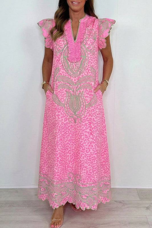 Leopard Flutter Sleeve Pocket Maxi Dress