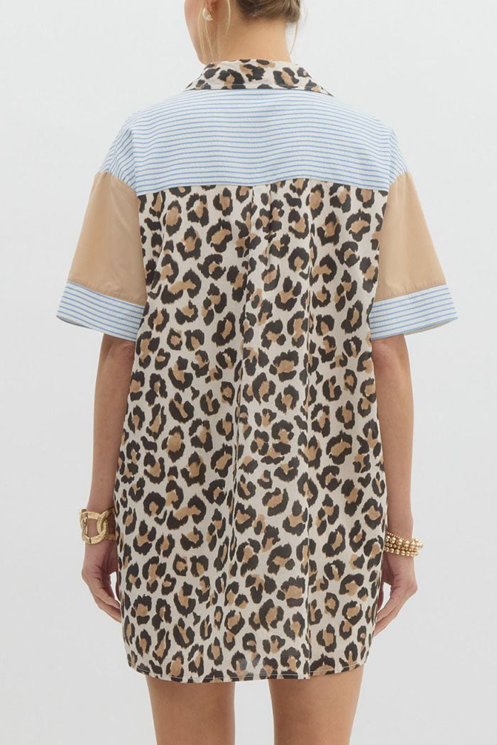 Stripe Leopard Contrast Pocket Dress