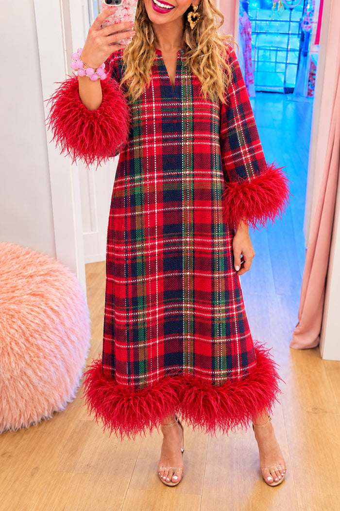Red Navy Plaid Feather Trim Maxi Dress